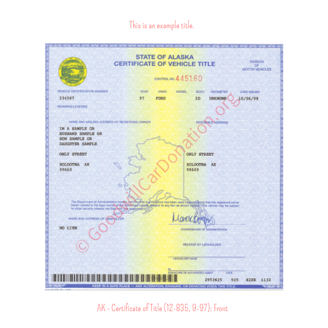 This is a Sample of AK Certificate of Title 12-835-9-97-Front | Goodwill Car Donations