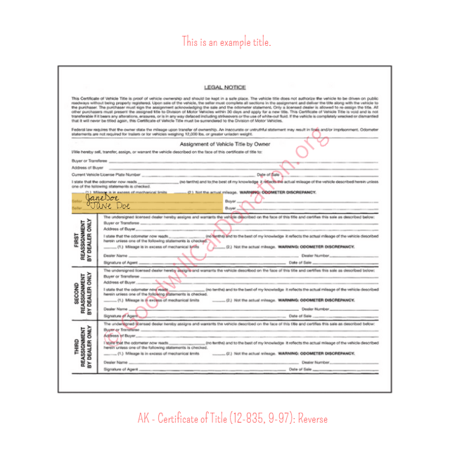This is a Sample of AK Certificate of Title 12-835-9-97-Reverse | Goodwill Car Donations