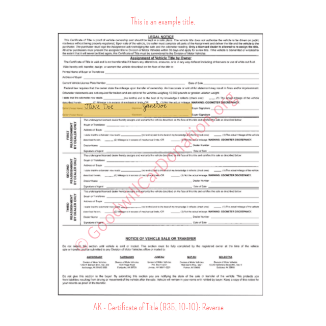 This is a Sample of AK Certificate of Title 835-10-10-Reverse | Goodwill Car Donations