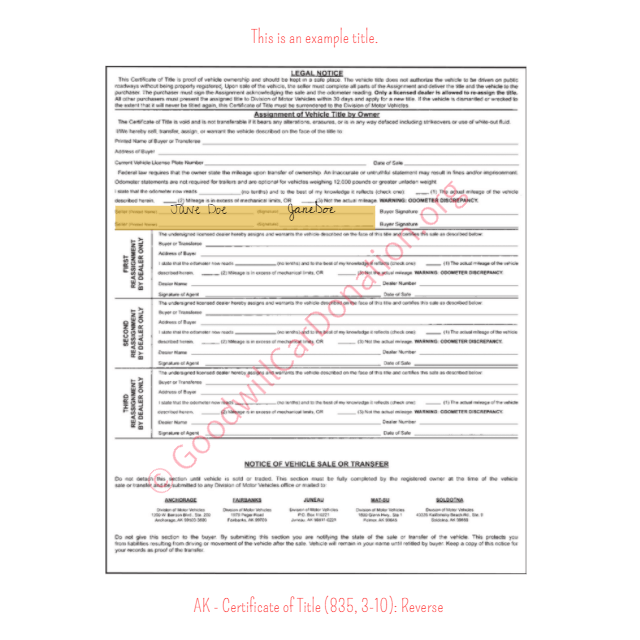 This is a Sample of AK Certificate of Title 835-3-10-Reverse | Goodwill Car Donations