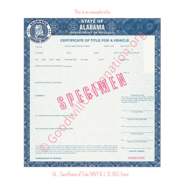This is a Sample of AL - Certificate of Title (MVT 8-1, 12-95)-front | Goodwill Car Donations