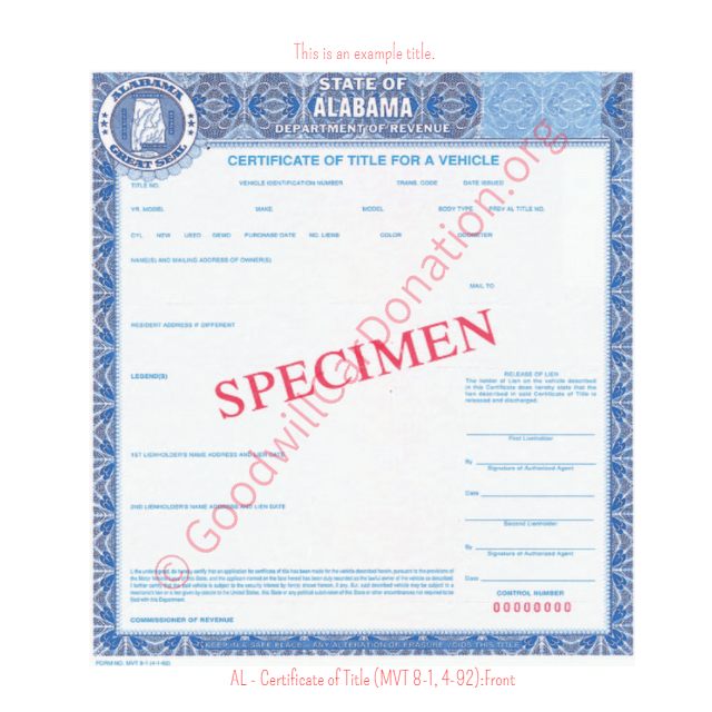 This is a Sample of AL - Certificate of Title (MVT 8-1, 4-92)-front | Goodwill Car Donations