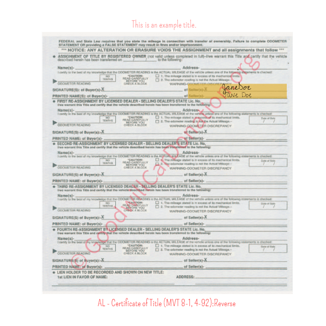 This is a Sample of AL - Certificate of Title (MVT 8-1, 4-92)-reverse | Goodwill Car Donations