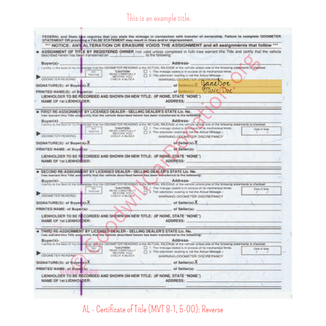 This is a Sample of AL - Certificate of Title (MVT 8-1, 5-00)-Reverse | Goodwill Car Donations
