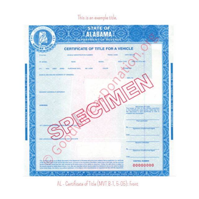 This is a Sample of AL - Certificate of Title (MVT 8-1, 5-05)-front | Goodwill Car Donations