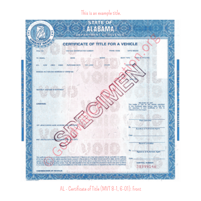 This is a Sample of AL - Certificate of Title (MVT 8-1, 6-01)-front | Goodwill Car Donations