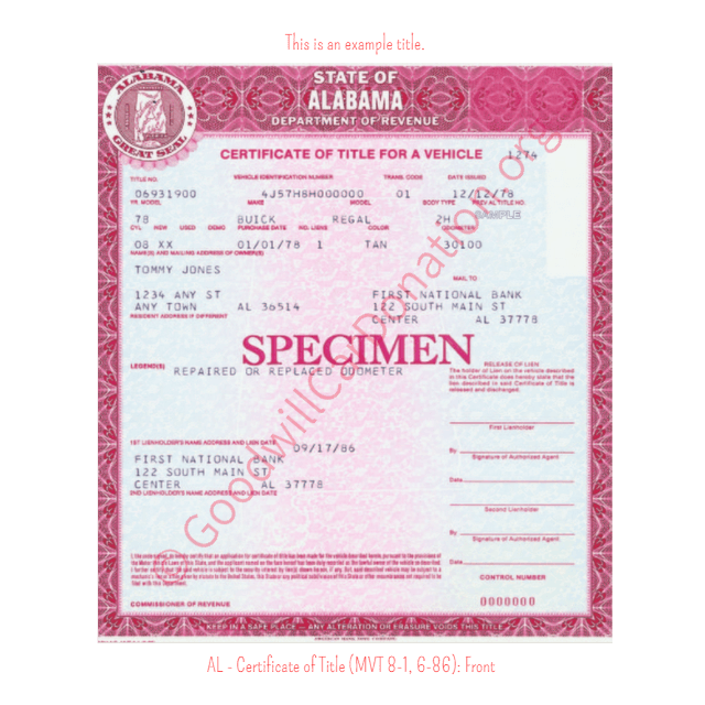 This is a Sample of AL - Certificate of Title (MVT 8-1, 6-86)-front | Goodwill Car Donations
