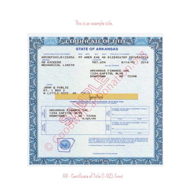 This is a Sample of AR Certificate of Title 1-92-Front | Goodwill Car Donations