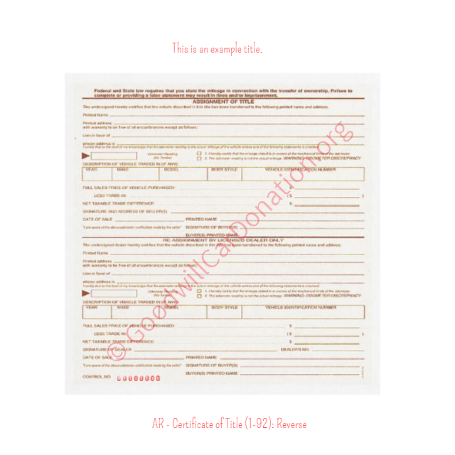This is a Sample of AR Certificate of Title 1-92-Reverse | Goodwill Car Donations