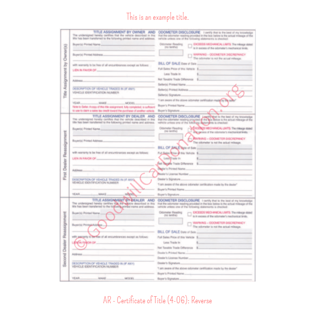 This is a Sample of AR Certificate of Title 4-06-Reverse | Goodwill Car Donations