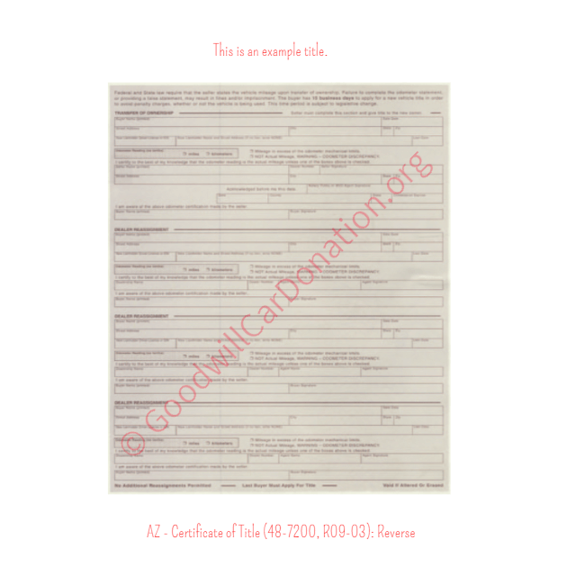 This is a Sample of AZ Certificate of Title 48-7200-R09-03-Reverse | Goodwill Car Donations