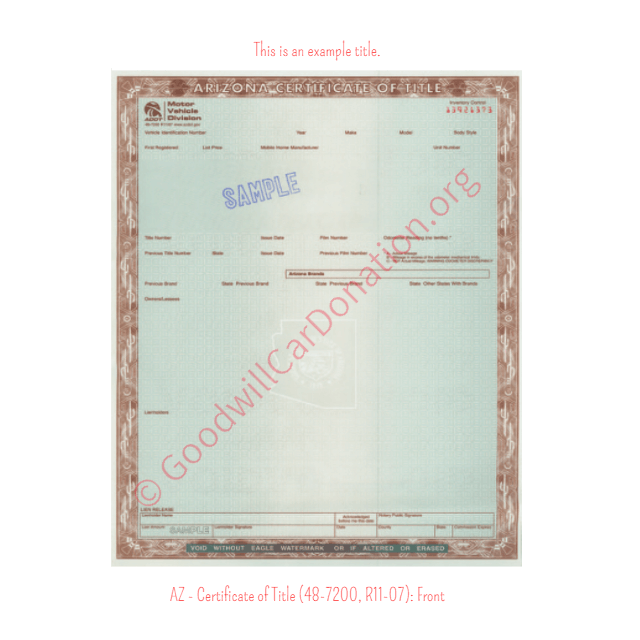 This is a Sample of AZ Certificate of Title 48-7200-R11-07-Reverse | Goodwill Car Donations