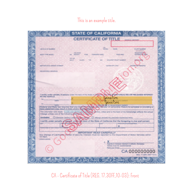 This is a Sample of CA-Certificate-of-Title-REG.-17.30FF10-03-Front | Goodwill Car Donations