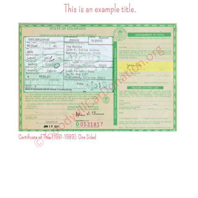 This is a Sample of CO-Certificate-of-Title-1981-1989-One-Sided | Goodwill Car Donations