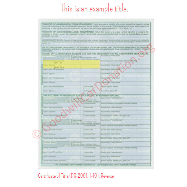 This is a Sample of CO-Certificate-of-Title-DR-2001-1-10-Reverse | Goodwill Car Donations