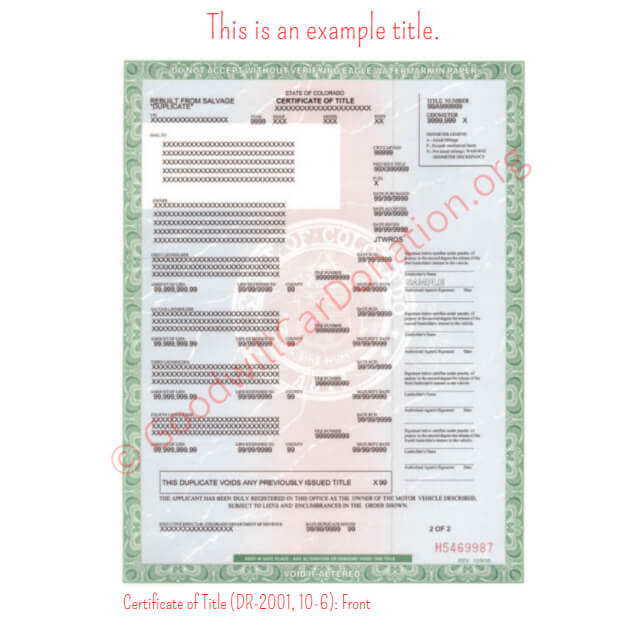 This is a Sample of CO-Certificate-of-Title-DR-2001-10-6-Front | Goodwill Car Donations