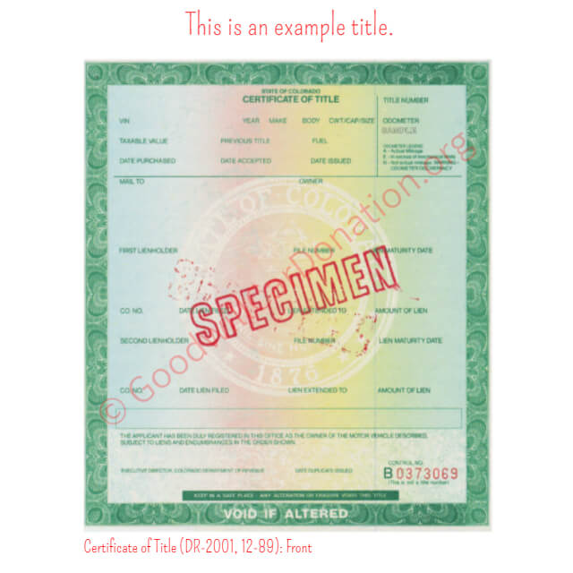 This is a Sample of CO-Certificate-of-Title-DR-2001-12-89-Front | Goodwill Car Donations