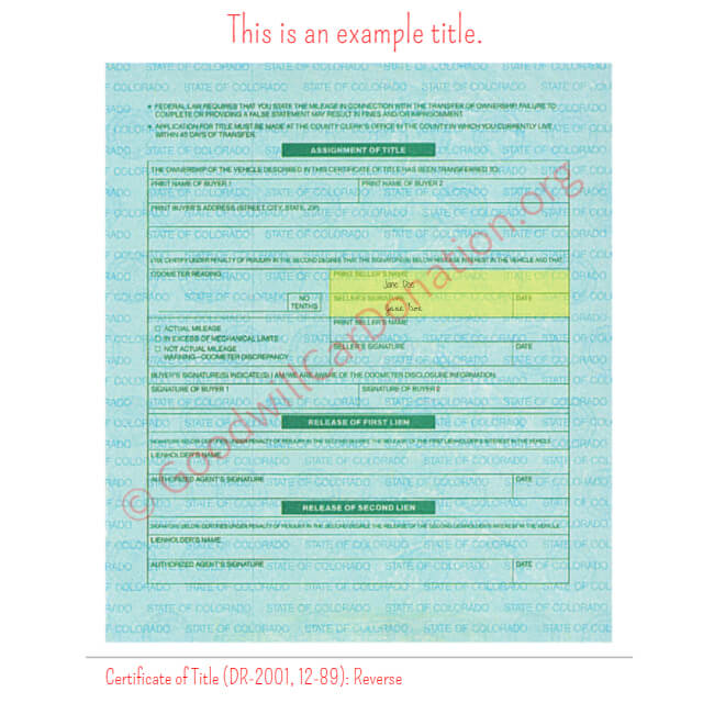 This is a Sample of CO-Certificate-of-Title-DR-2001-12-89-Reverse | Goodwill Car Donations
