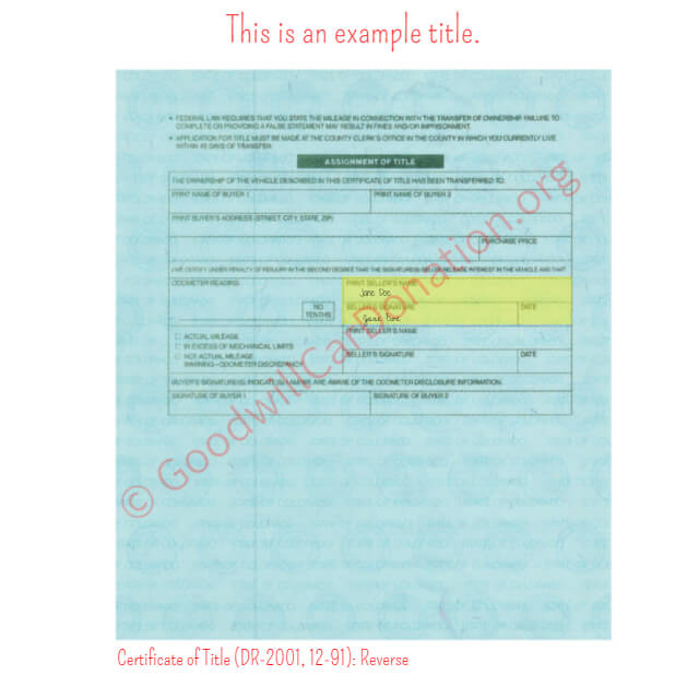 This is a Sample of CO-Certificate-of-Title-DR-2001-12-91-Reverse | Goodwill Car Donations
