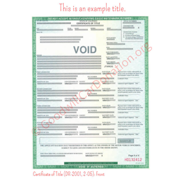 This is a Sample of CO-Certificate-of-Title-DR-2001-2-05-Front | Goodwill Car Donations
