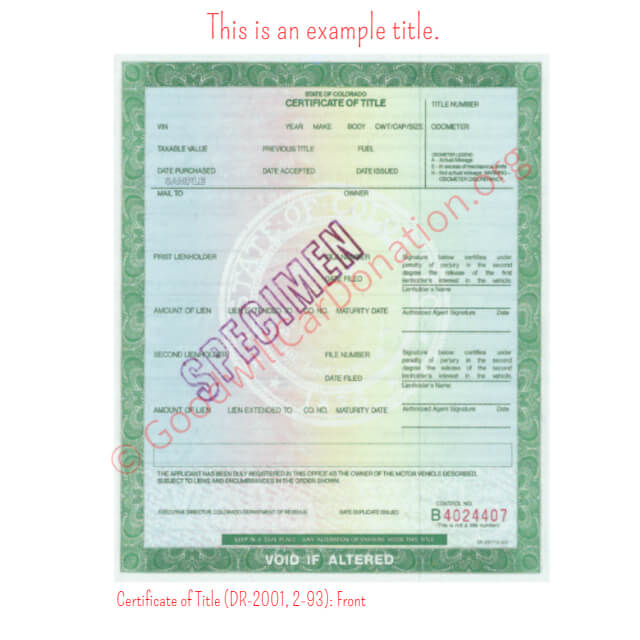 This is a Sample of CO-Certificate-of-Title-DR-2001-2-93-Front | Goodwill Car Donations