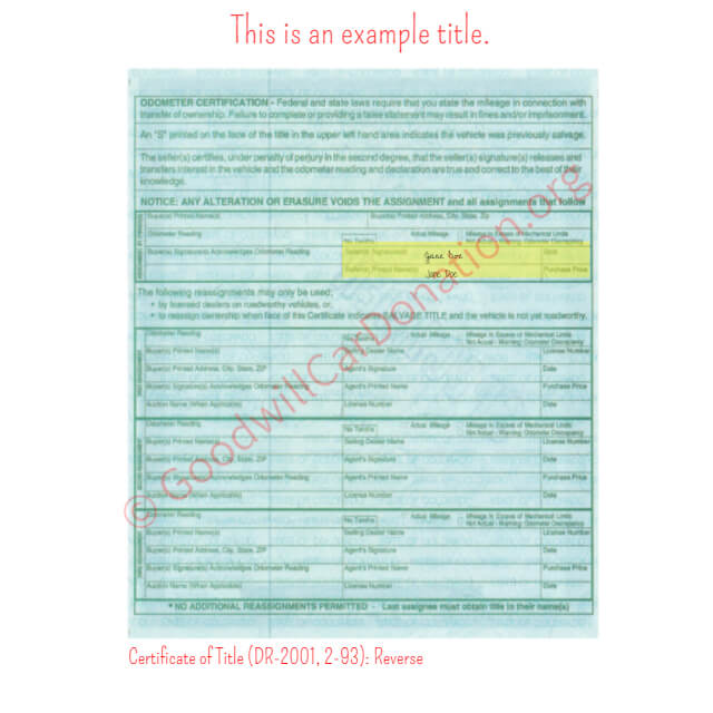 This is a Sample of CO-Certificate-of-Title-DR-2001-2-93-Reverse | Goodwill Car Donations