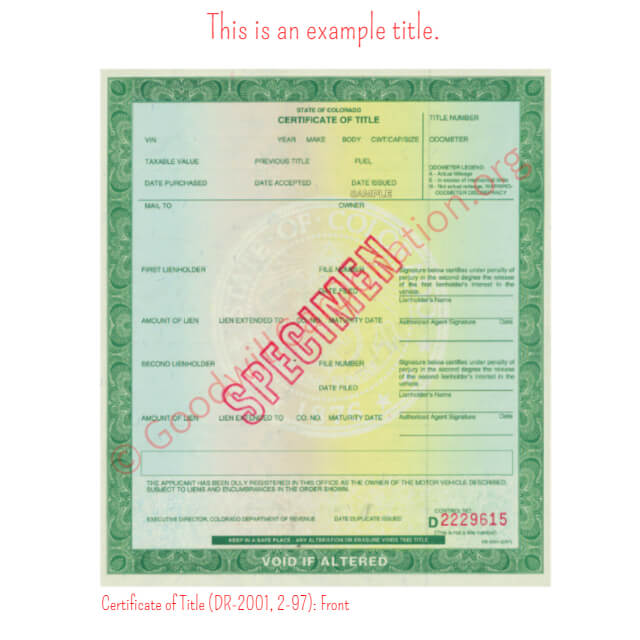This is a Sample of CO-Certificate-of-Title-DR-2001-2-97-Front | Goodwill Car Donations