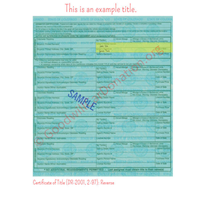 This is a Sample of CO-Certificate-of-Title-DR-2001-2-97-Reverse | Goodwill Car Donations