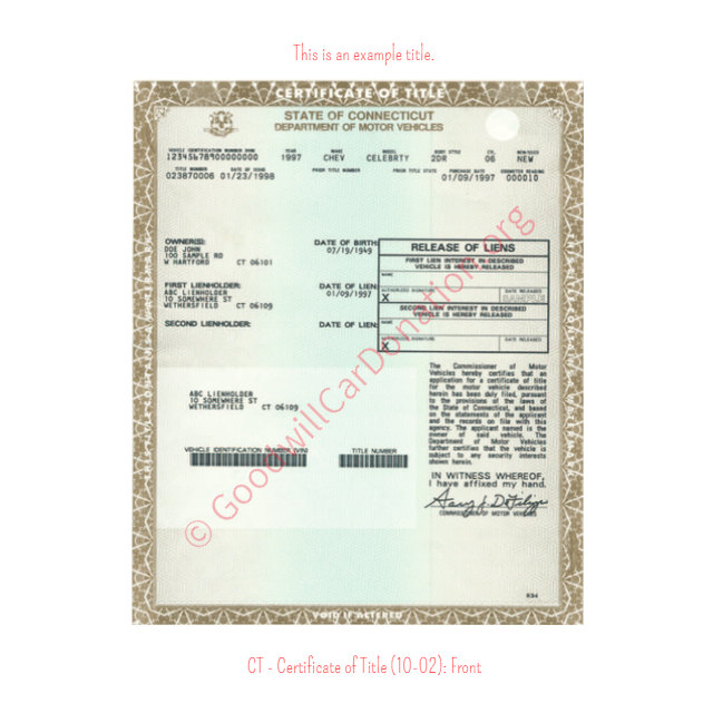 This is a Sample of CT-Certificate-of-Title-10-02-Front | Goodwill Car Donations