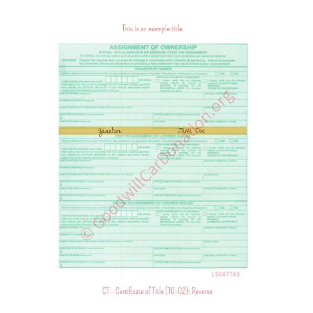 This is a Sample of CT-Certificate-of-Title-10-02-Reverse | Goodwill Car Donations