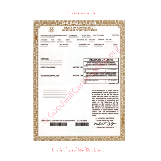 This is a Sample of CT-Certificate-of-Title-12-15-Front | Goodwill Car Donations