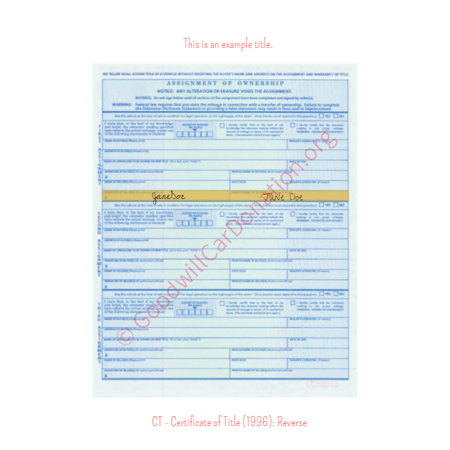 This is a Sample of CT-Certificate-of-Title-1996-Reverse | Goodwill Car Donations