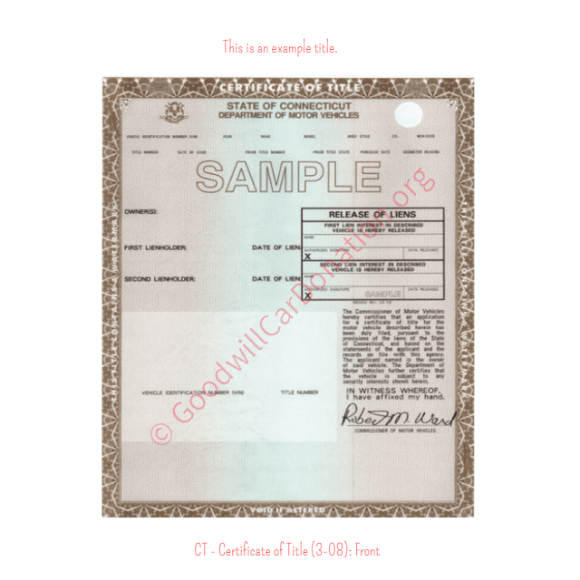 This is a Sample of CT-Certificate-of-Title-3-08-Front | Goodwill Car Donations