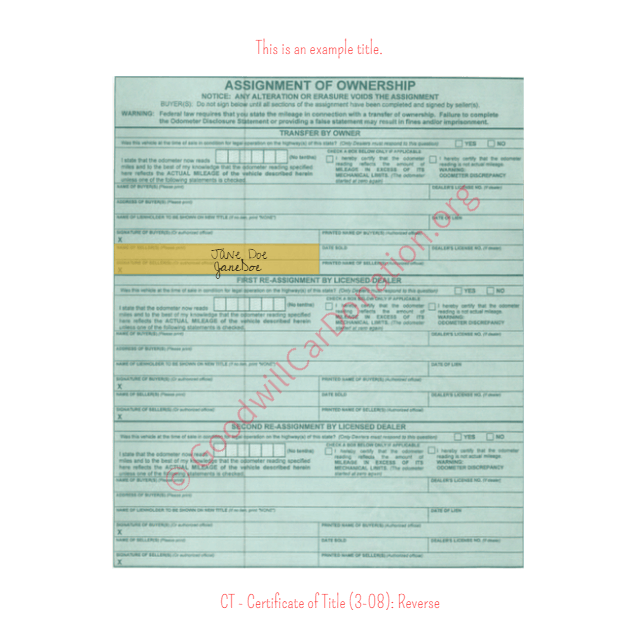 This is a Sample of CT-Certificate-of-Title-3-08-Reverse | Goodwill Car Donations