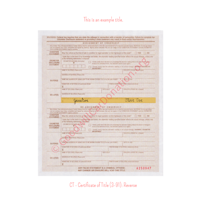 This is a Sample of CT-Certificate-of-Title-3-91-Reverse | Goodwill Car Donations