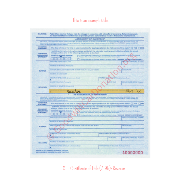 This is a Sample of CT-Certificate-of-Title-7-95-Reverse | Goodwill Car Donations