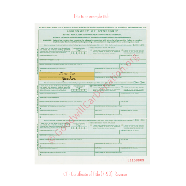 This is a Sample of CT-Certificate-of-Title-7-98-Reverse | Goodwill Car Donations