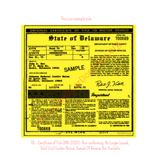 This is a Sample of DE-Certificate-of-Title-MV-202A-Non-conforming-No-Longer-Issued-Valid-Until-Further-Notice.-Sample-Of-Reverse-Not-Available | Goodwill Car Donations