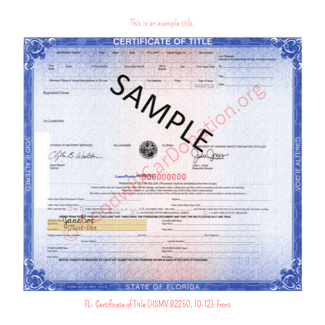 This is a Sample of FL-Certificate-of-Title-HSMV-82250-10-12-Front | Goodwill Car Donations