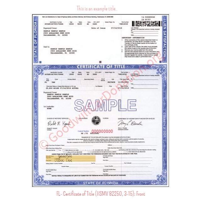 This is a Sample of FL-Certificate-of-Title-HSMV-82250-3-15-Front | Goodwill Car Donations