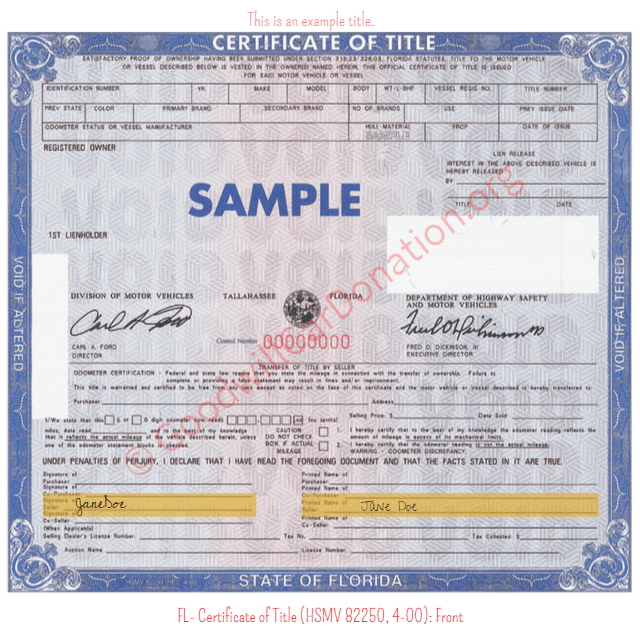 This is a Sample of FL-Certificate-of-Title-HSMV-82250-4-00-Front | Goodwill Car Donations