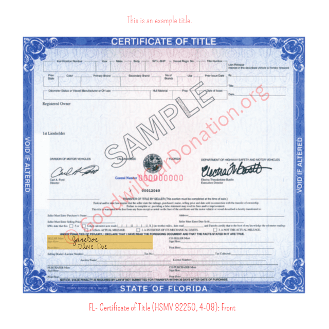 This is a Sample of FL-Certificate-of-Title-HSMV-82250-4-08-Front | Goodwill Car Donations