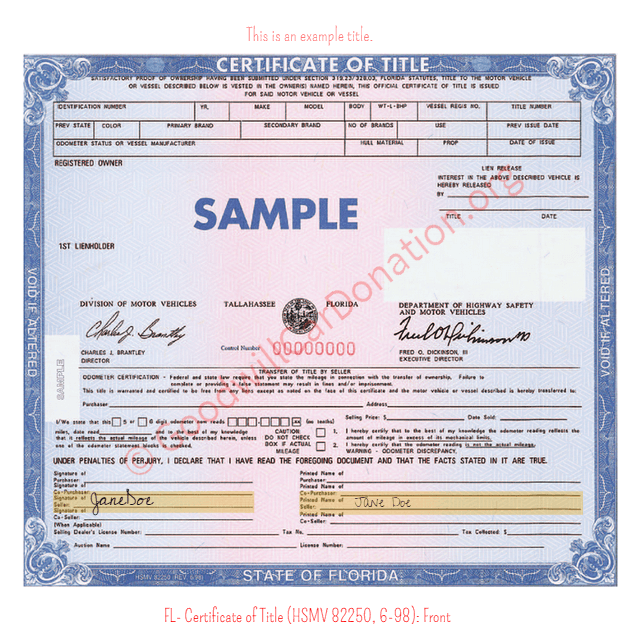 This is a Sample of FL-Certificate-of-Title-HSMV-82250-6-98-Front | Goodwill Car Donations
