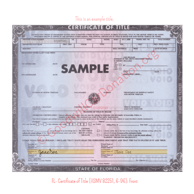 This is a Sample of FL-Certificate-of-Title-HSMV-82251-6-96-Front | Goodwill Car Donations