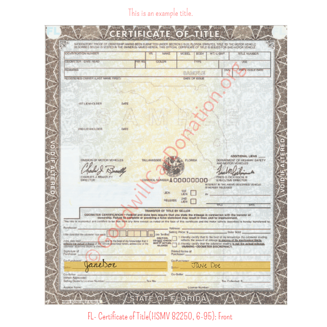 This is a Sample of FL-Certificate-of-TitleHSMV-82250-6-95-Front | Goodwill Car Donations