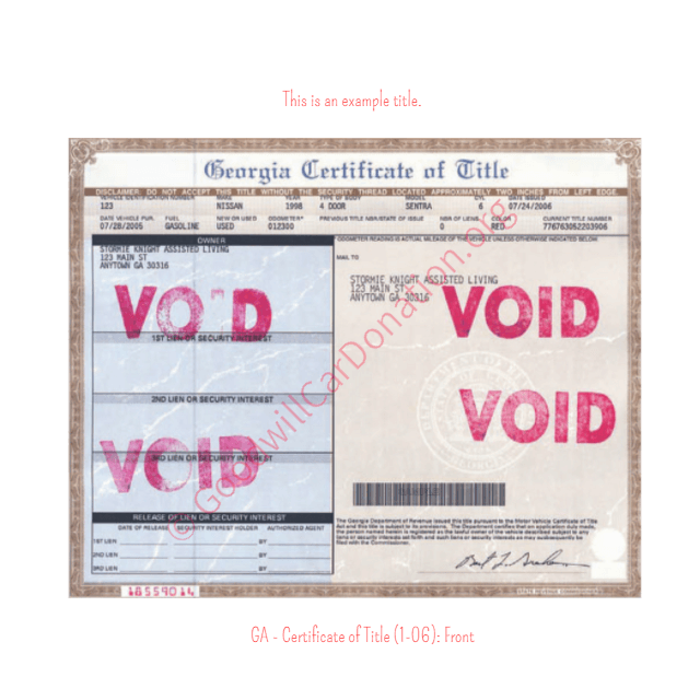This is a Sample of GA-Certificate-of-Title-1-06-Front | Goodwill Car Donations