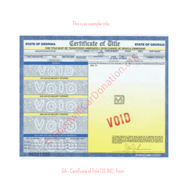 This is a Sample of GA-Certificate-of-Title-12-96-Front | Goodwill Car Donations