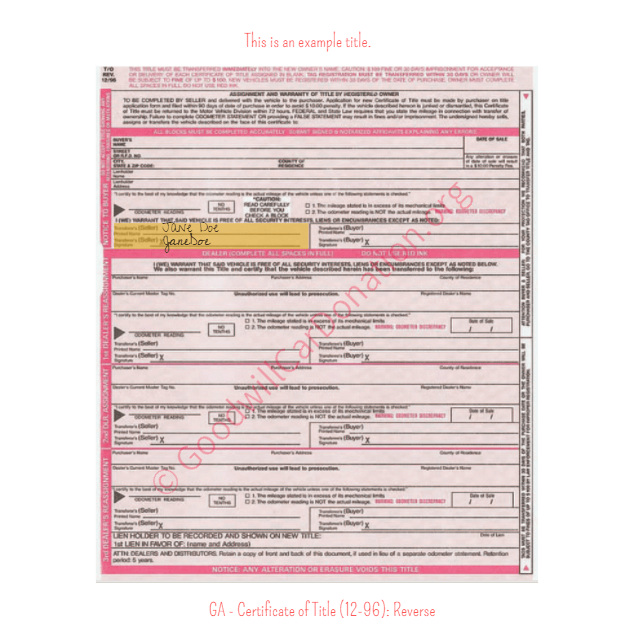 This is a Sample of GA-Certificate-of-Title-12-96-Reverse | Goodwill Car Donations