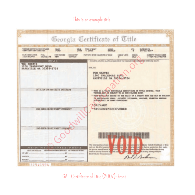 This is a Sample of GA-Certificate-of-Title-2007-Front | Goodwill Car Donations