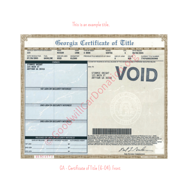 This is a Sample of GA-Certificate-of-Title-6-04-Front | Goodwill Car Donations
